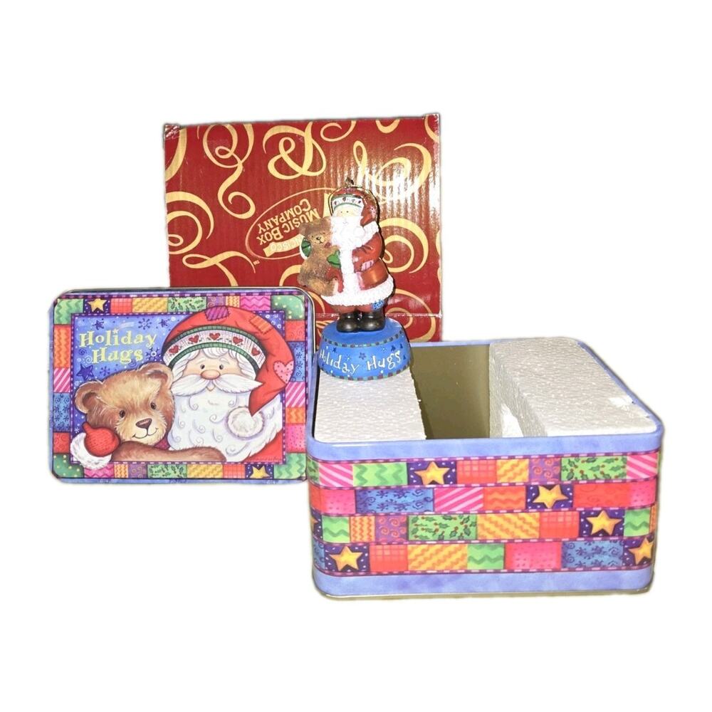 San Francisco Music Box Company HOLIDAY HUGS Ornament Bear Santa In Tin No Music